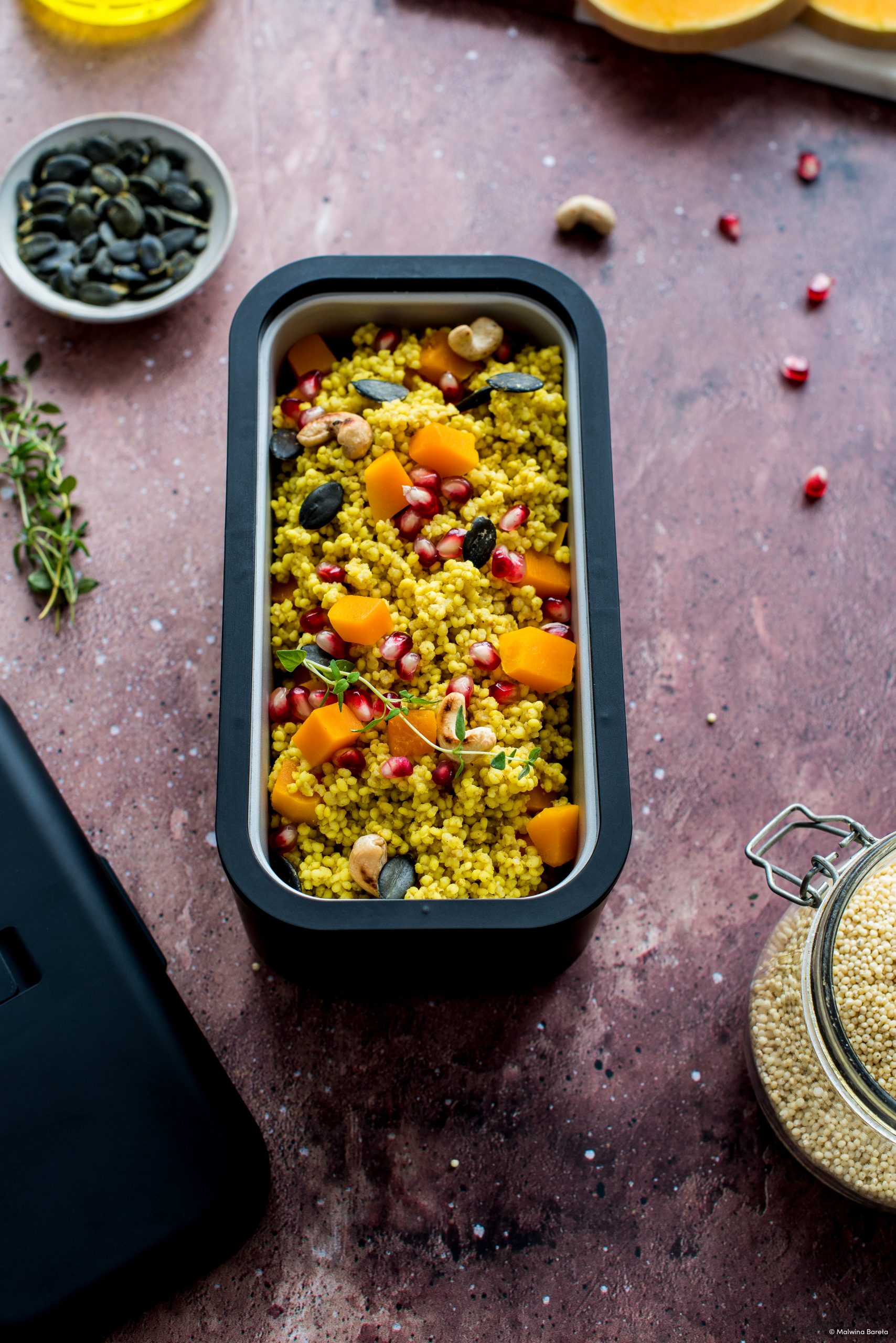 Pilaf de millet au butternut, noix de cajou et grenade